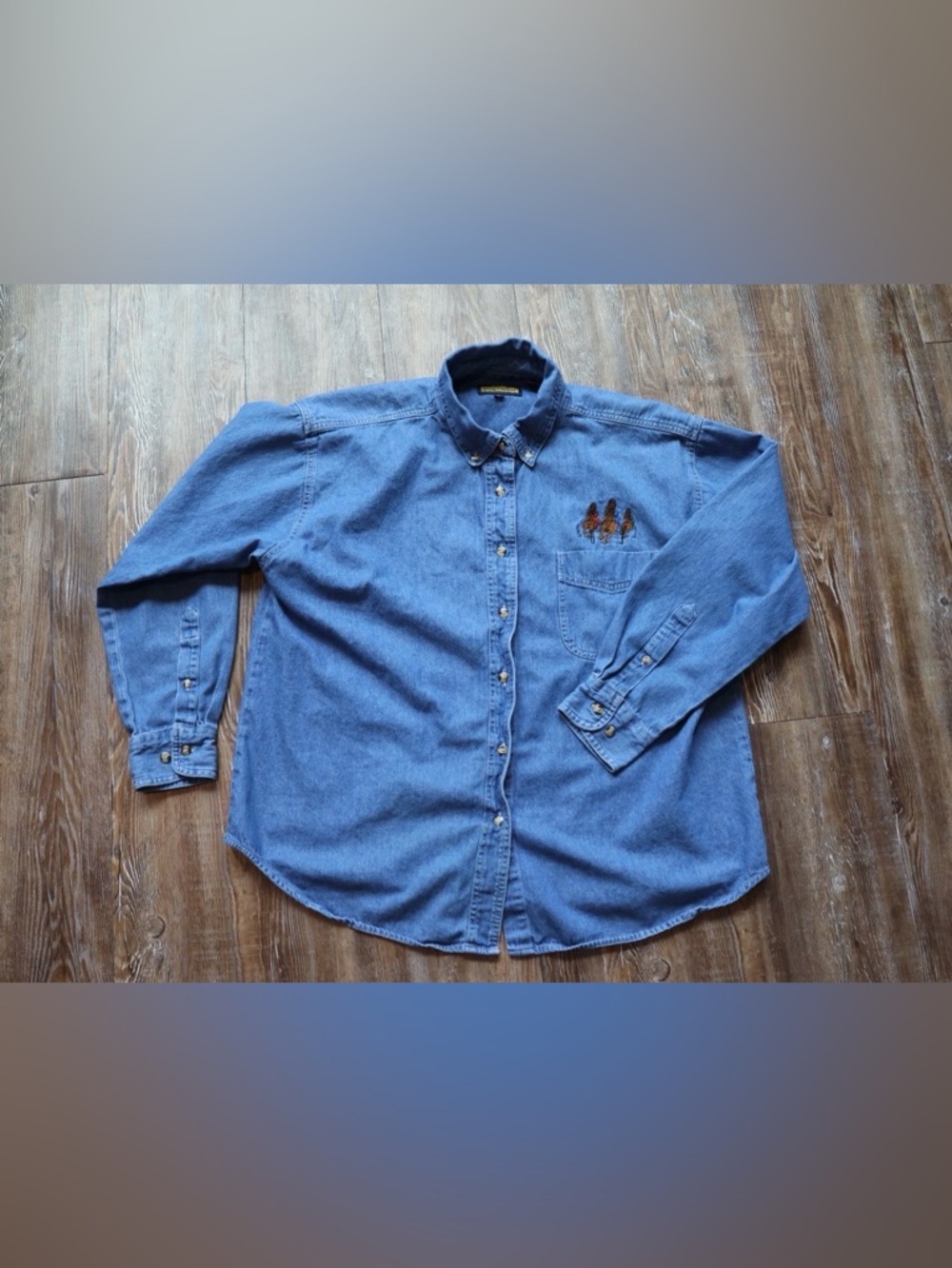 Blue Generation Womens Western Style Denim Horse Embroidered Button Down Shirt L